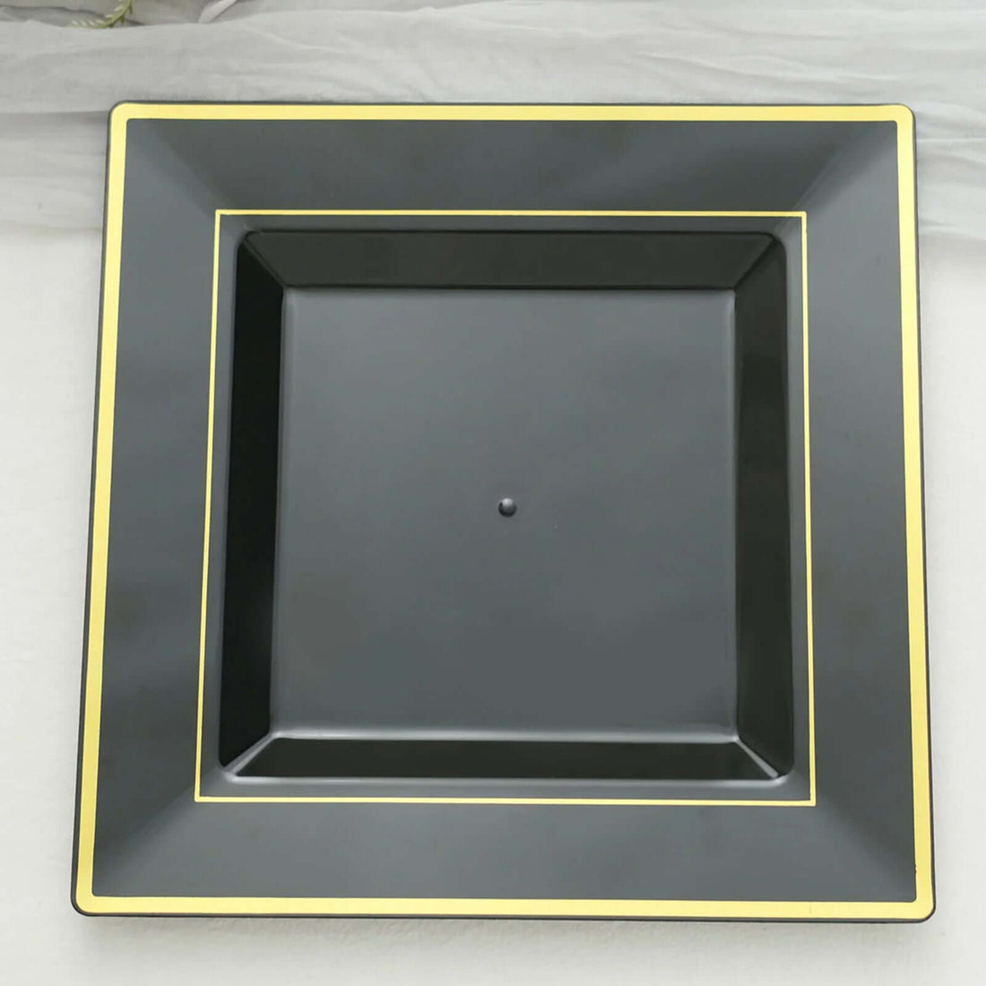 10 Pack Black Square Plastic Dessert Plates Gold Trim 10 Inch