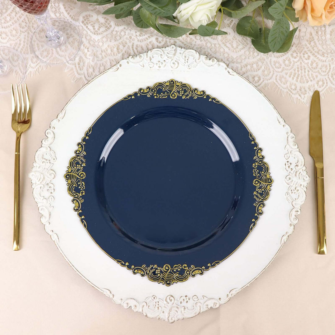 10 Pack Round Plastic Plates in Navy Blue with Gold Leaf Embossed Baroque Design 10 Inch