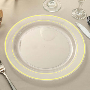 10-Pack Plastic Dinner Plates 10" Clear with Très Chic Gold Rim - Disposable Plates for Weddings