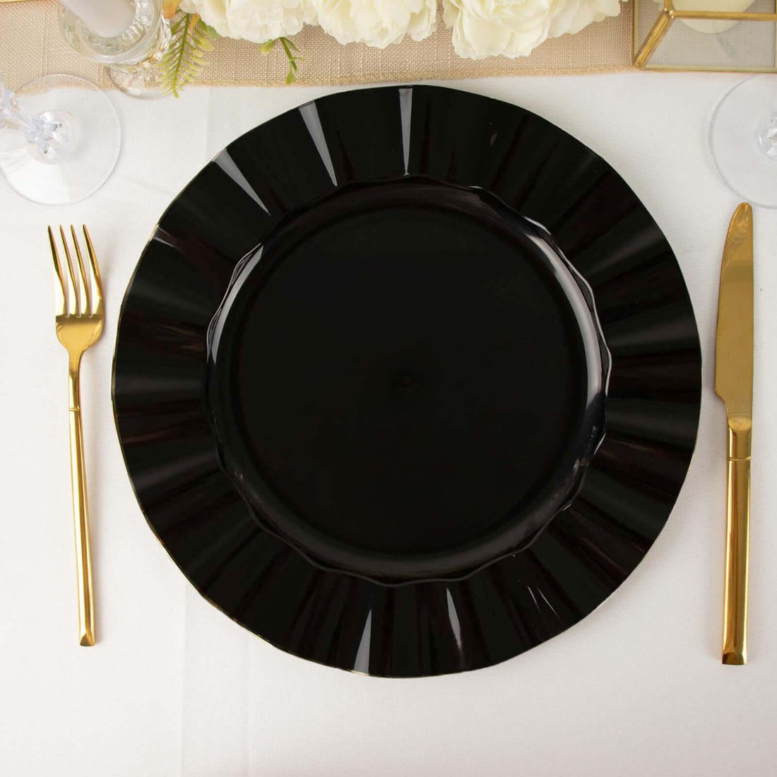 10 Pack | 11 Black Plastic Party Plates With Gold Ruffled Rim, Round Disposable Dinner Plates