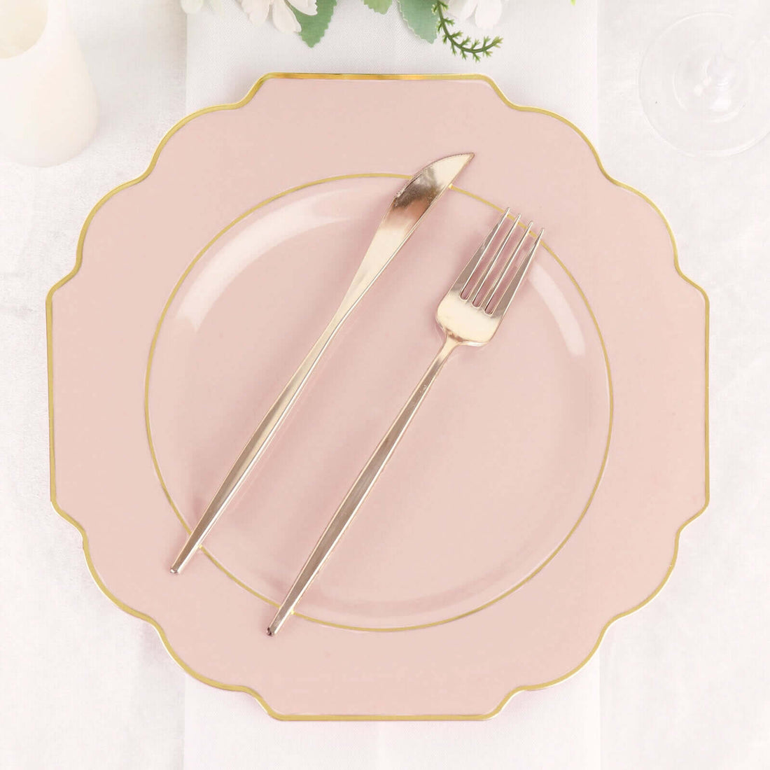 11 Inch Blush & Rose Gold Hard Plastic Disposable Baroque Heavy Duty Dinner Plates with Gold Rim 10 Pack