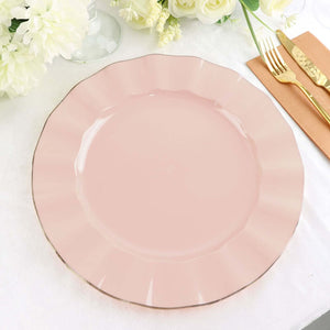 10-Pack Plastic Round Dinner Plates 11" Blush Ruffled Rim with Gold Edging - Heavy Duty Disposable Dinnerware