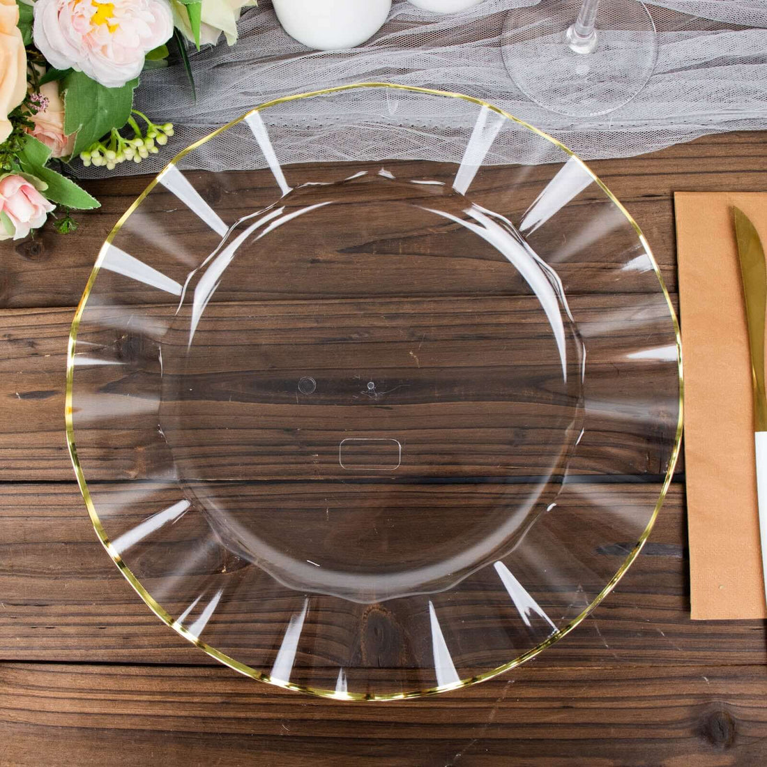 10 Pack | 11 Clear Plastic Party Plates With Gold Ruffled Rim, Round Disposable Dinner Plates