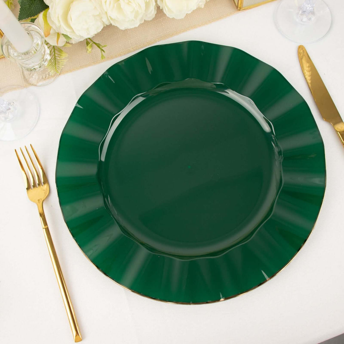 10 Pack | 11 Hunter Emerald Green Plastic Party Plates With Gold Ruffled Rim, Round Disposable Dinn