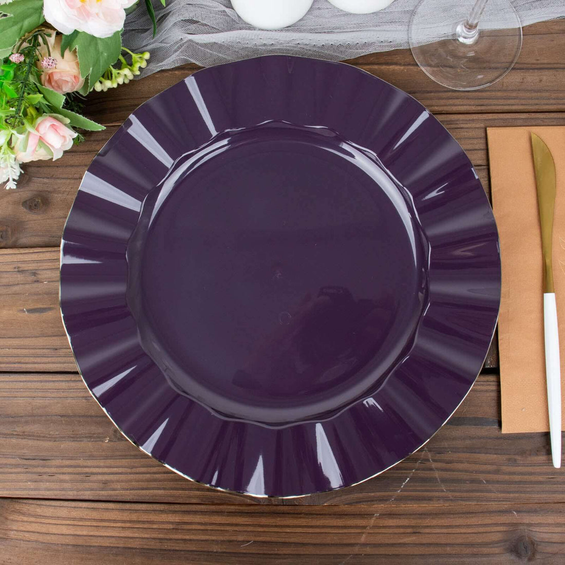 10 Pack | 11 Purple Plastic Party Plates With Gold Ruffled Rim, Round Disposable Dinner Plates