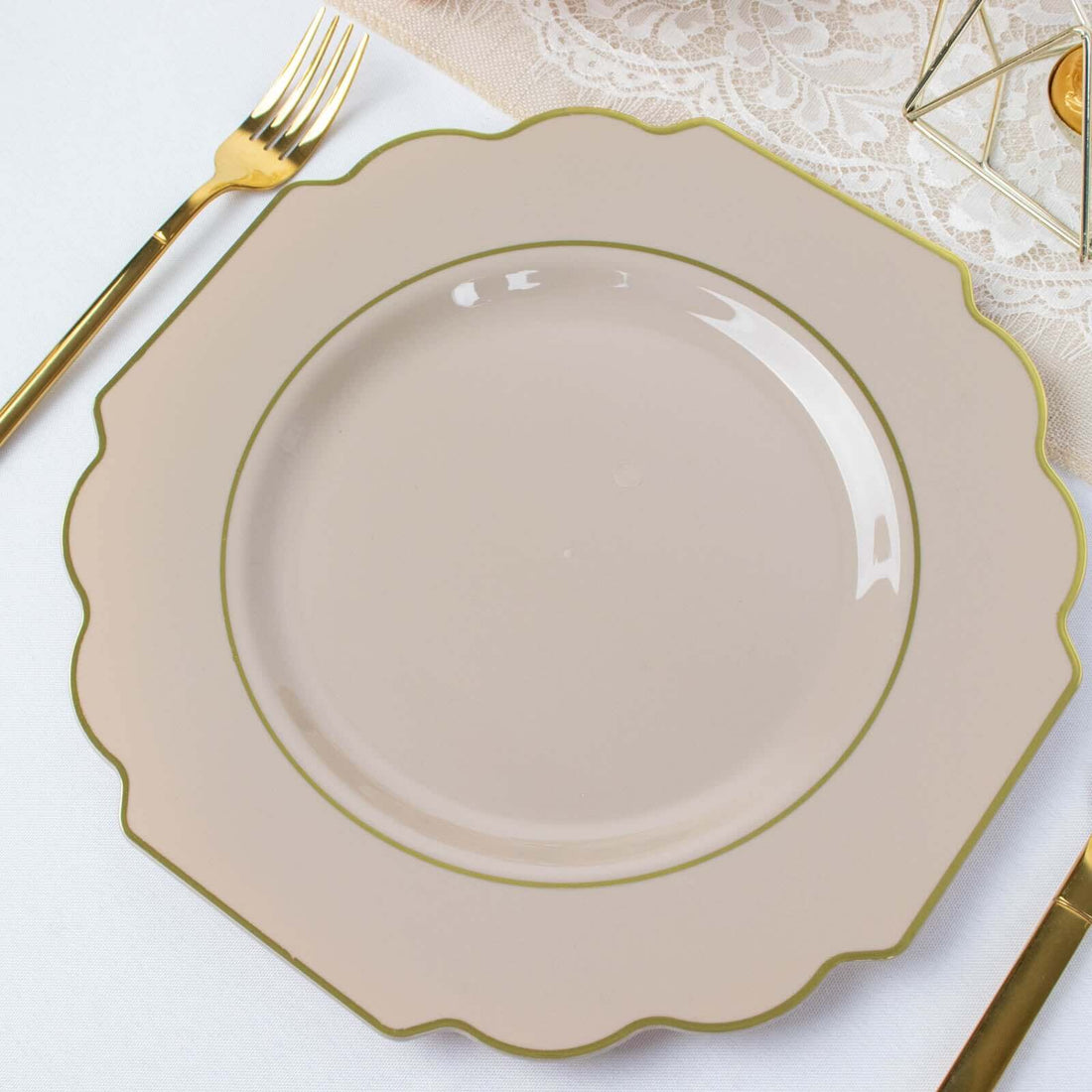 10 Pack | 11inch Taupe Hard Plastic Baroque Dinner Plates with Gold Rim