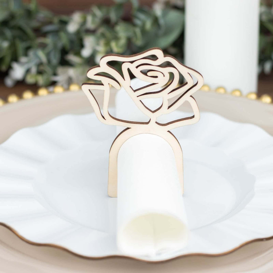 10 Pack | 4inch Natural Wood Laser Cut Rose Design Boho Napkin Rings