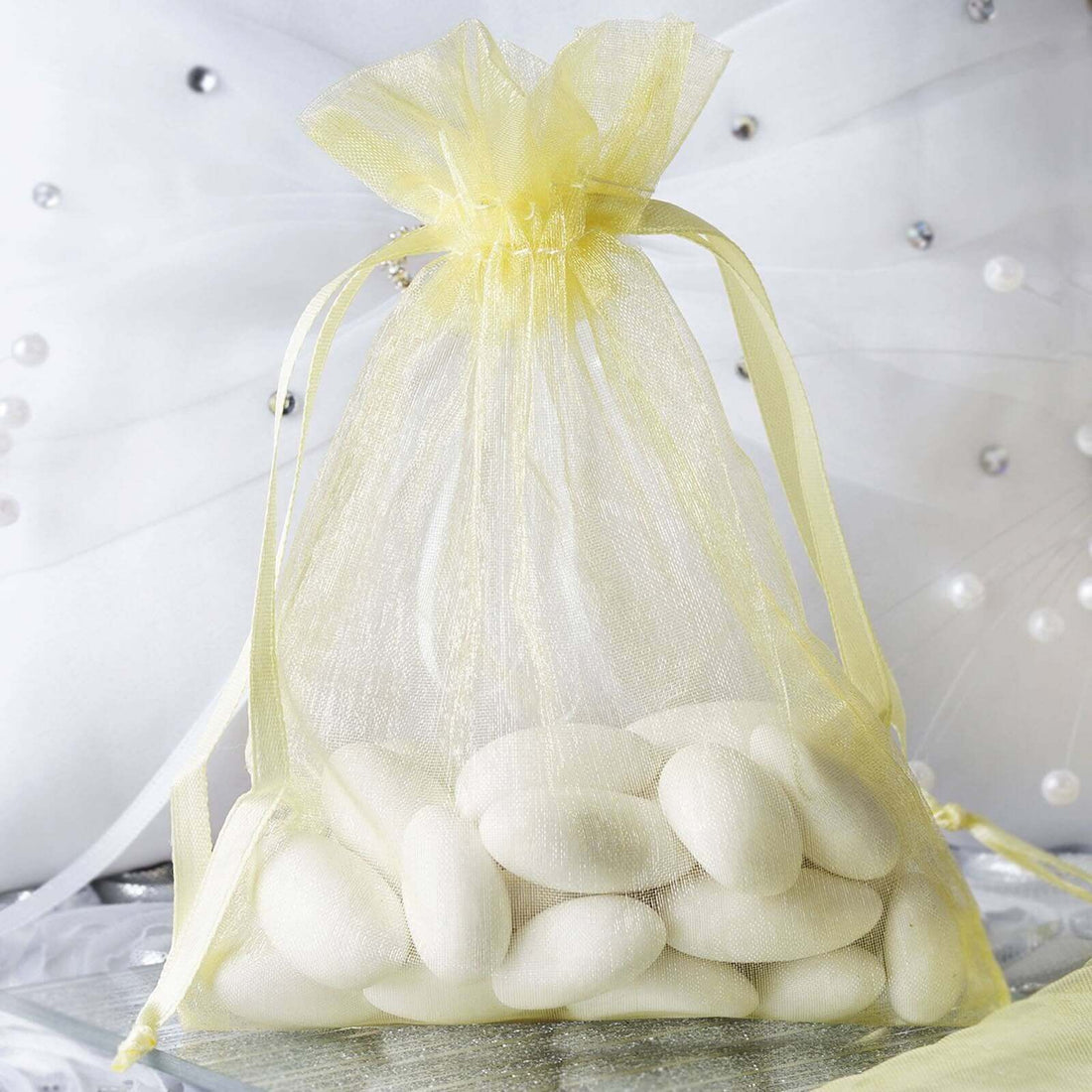 10 Pack | 4inches Yellow Organza Drawstring Wedding Party Favor Gift Bags