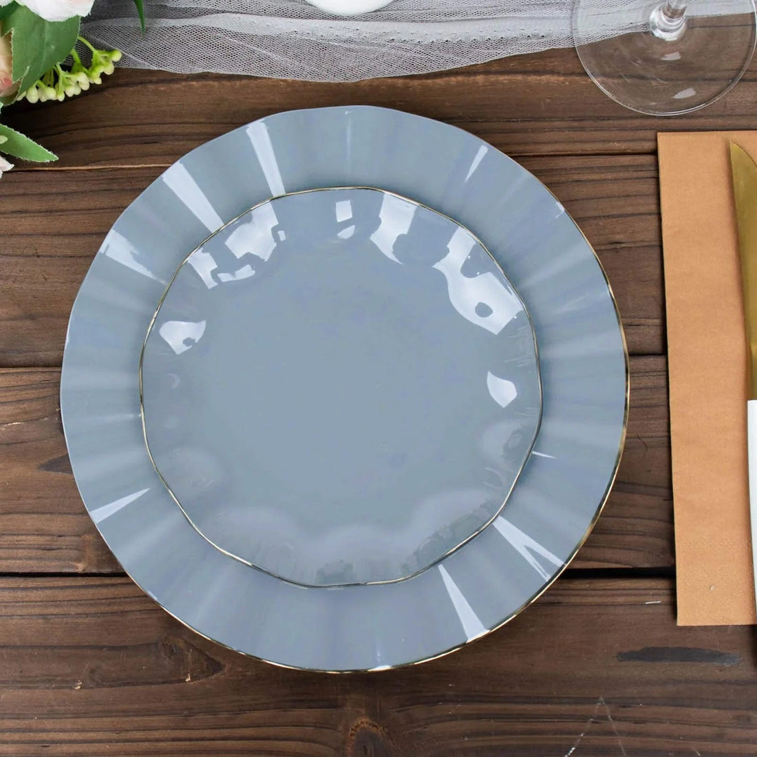 Dusty Blue Hard Plastic Dessert Plates With Gold Ruffled Rim 6 Inch