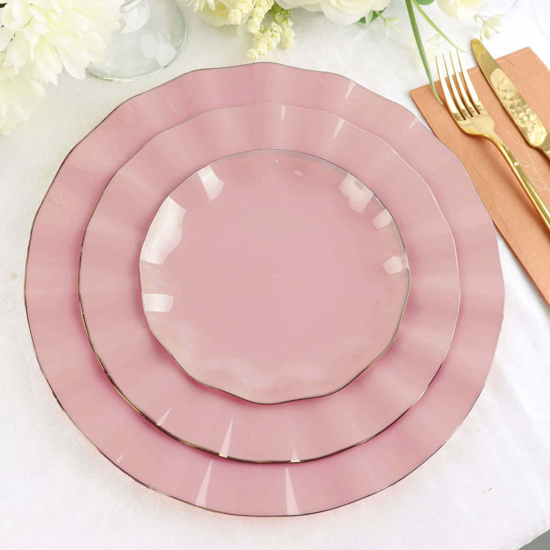 6 Inch Dusty Rose Dessert Plates Gold Ruffled Rim Disposable