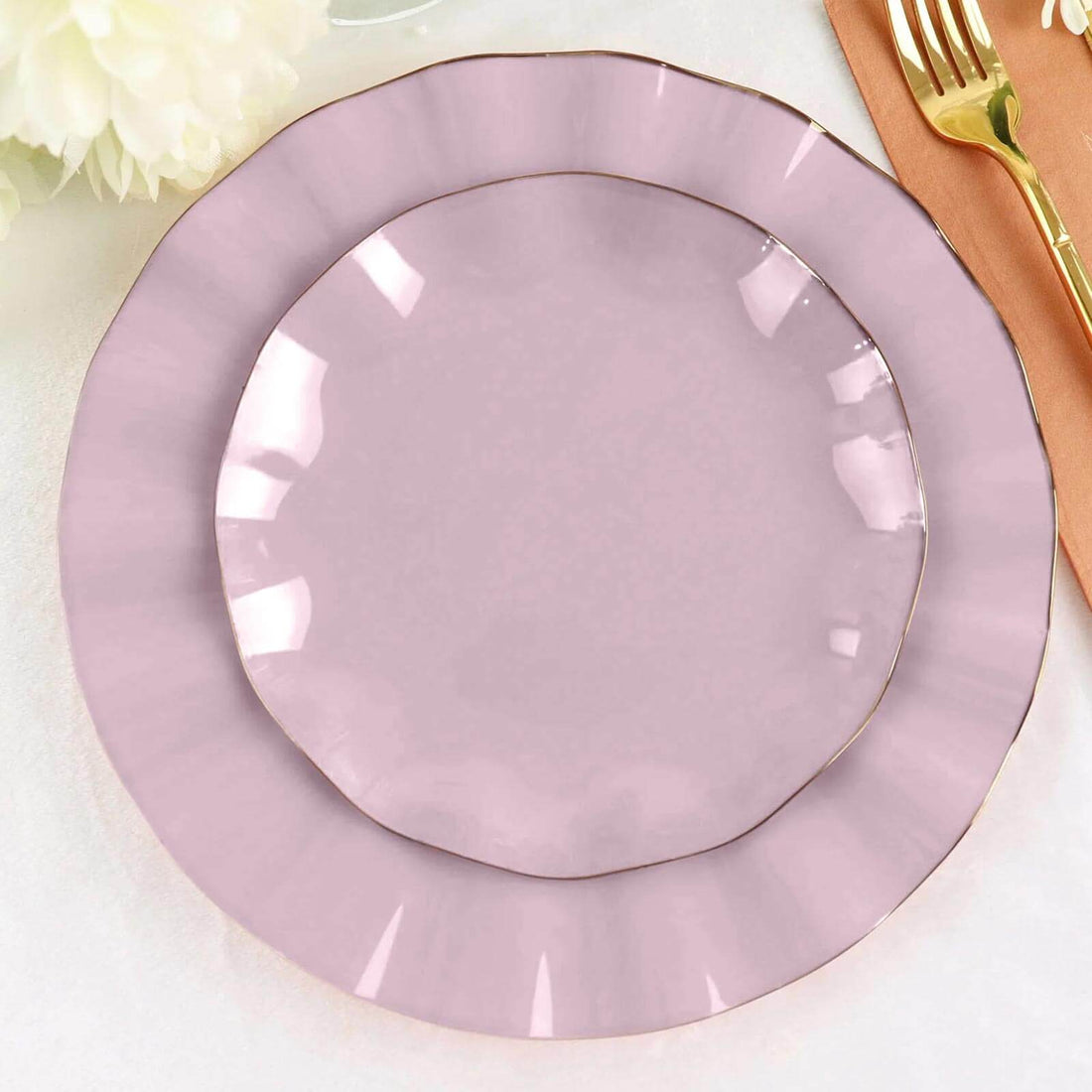 10 Pack | 6inch Lavender Lilac Hard Plastic Dessert Plates with Gold Ruffled Rim