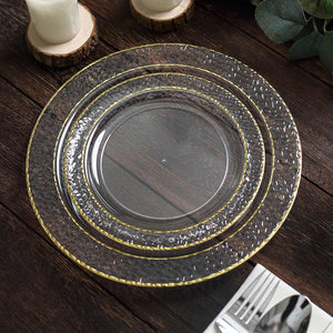 10-Pack Plastic Round Appetizer Plates 7.5" Clear Hammered Design with Gold Rim - Disposable Salad Plates for Stylish Weddings & Celebrations