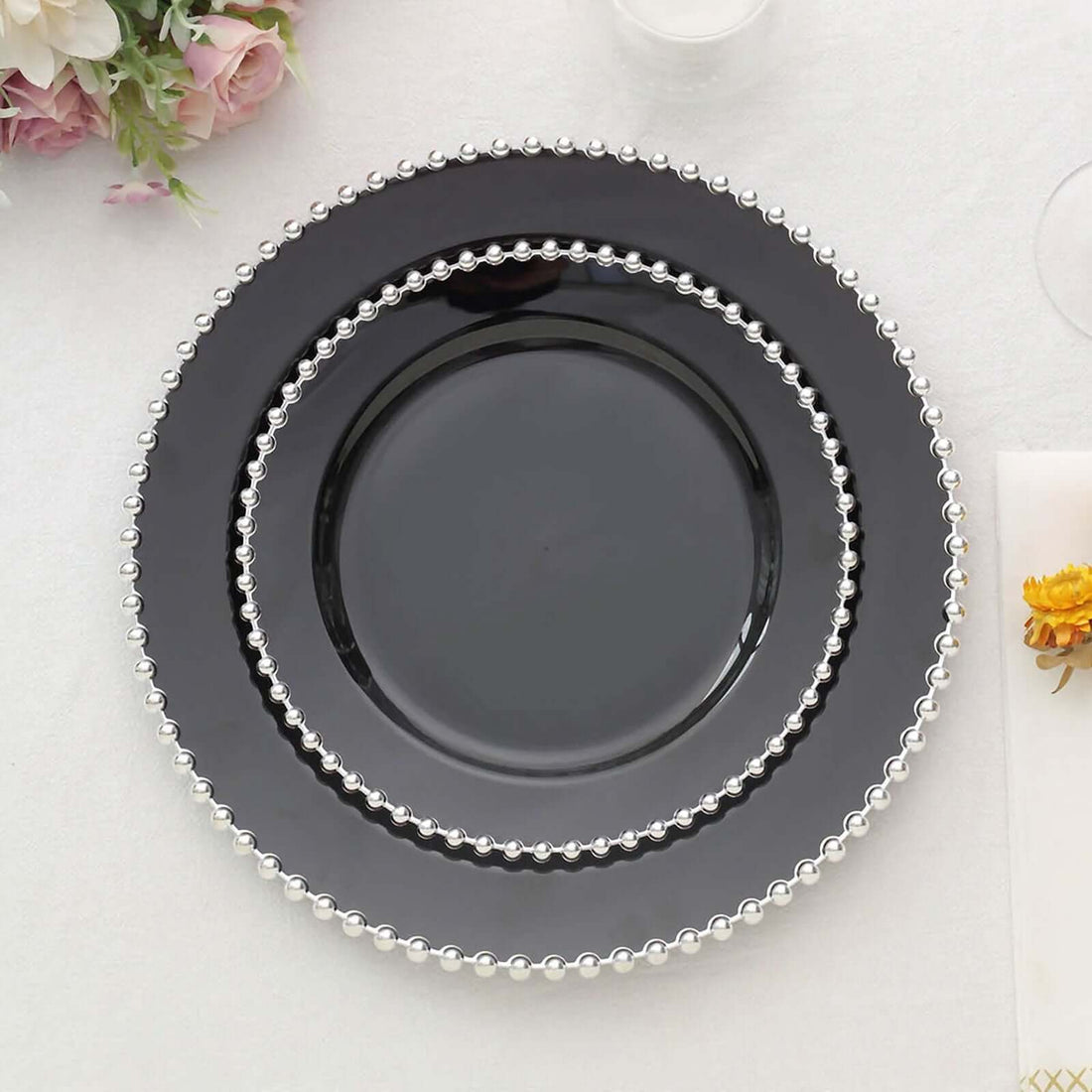 10 Pack | 8inch Black / Silver Beaded Rim Plastic Dessert Appetizer Plates, Disposable Salad Plates
