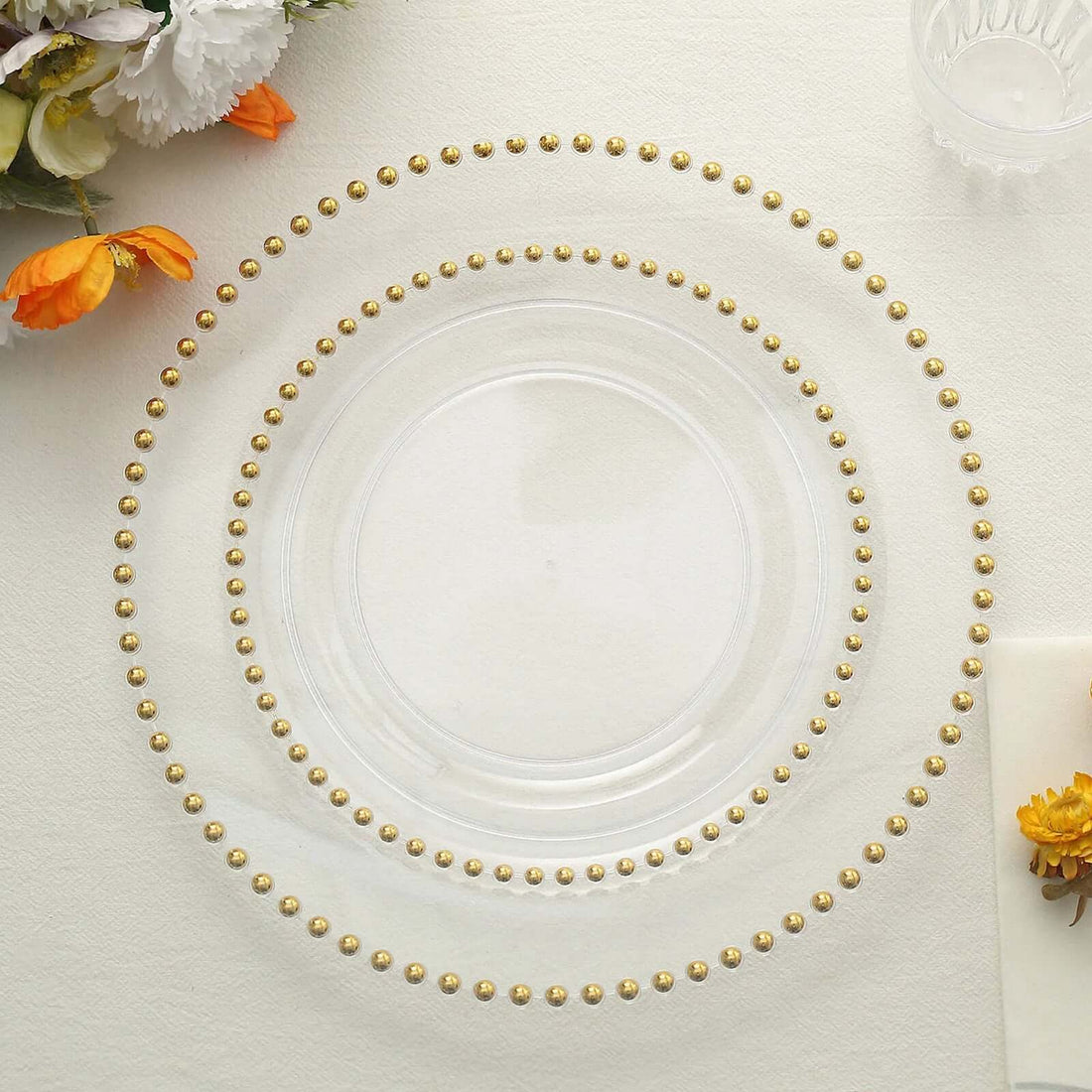 Pack Of 8 Inch Disposable Appetizer Plates In Clear Plastic With Gold Beaded Rim