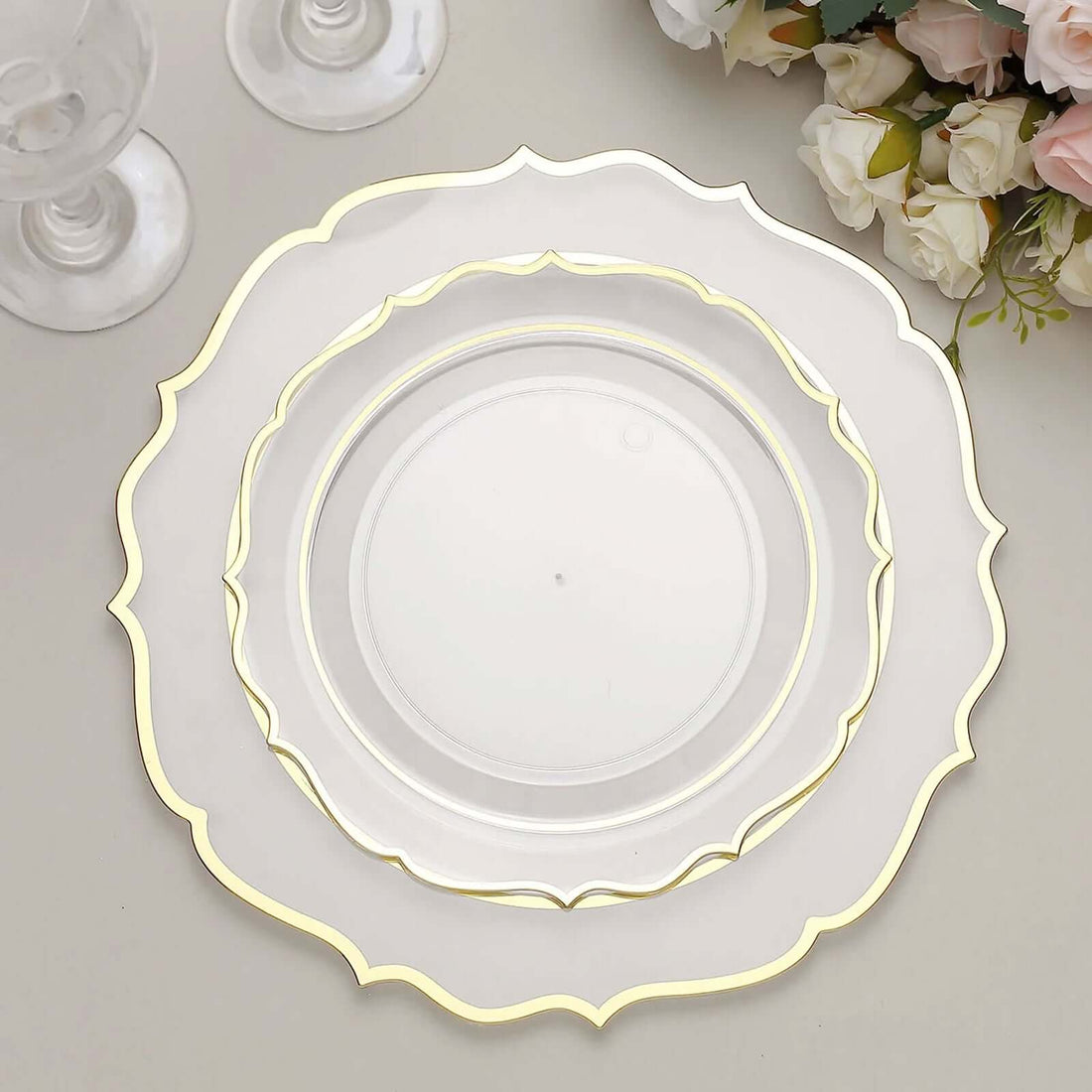 8 Inch Clear Plastic Salad Dessert Gold Scalloped Rim Plates 10 Pack 