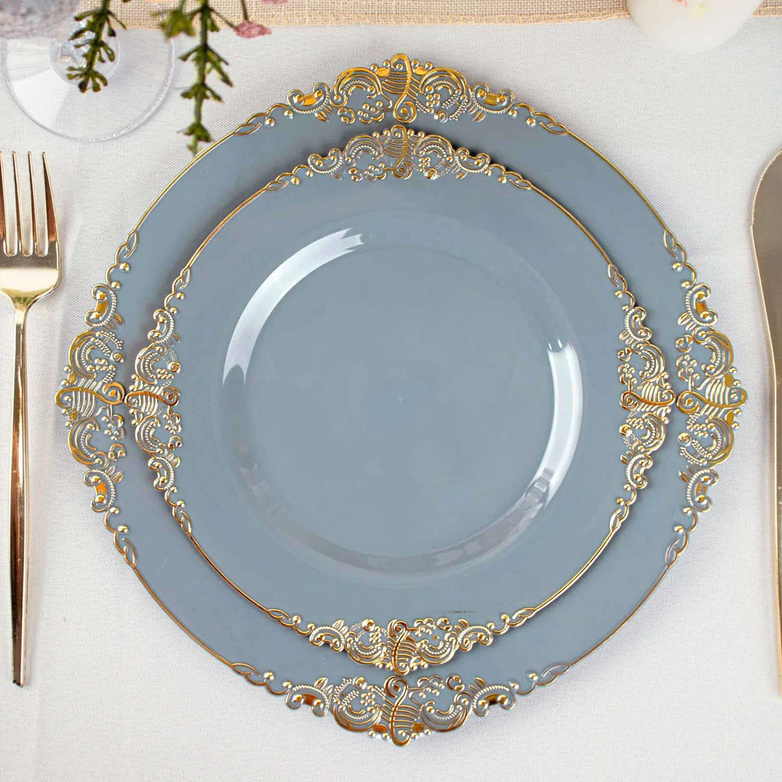 8 Inch Size Vintage Dusty Blue Color Gold Leaf Embossed Rim Salad Plates