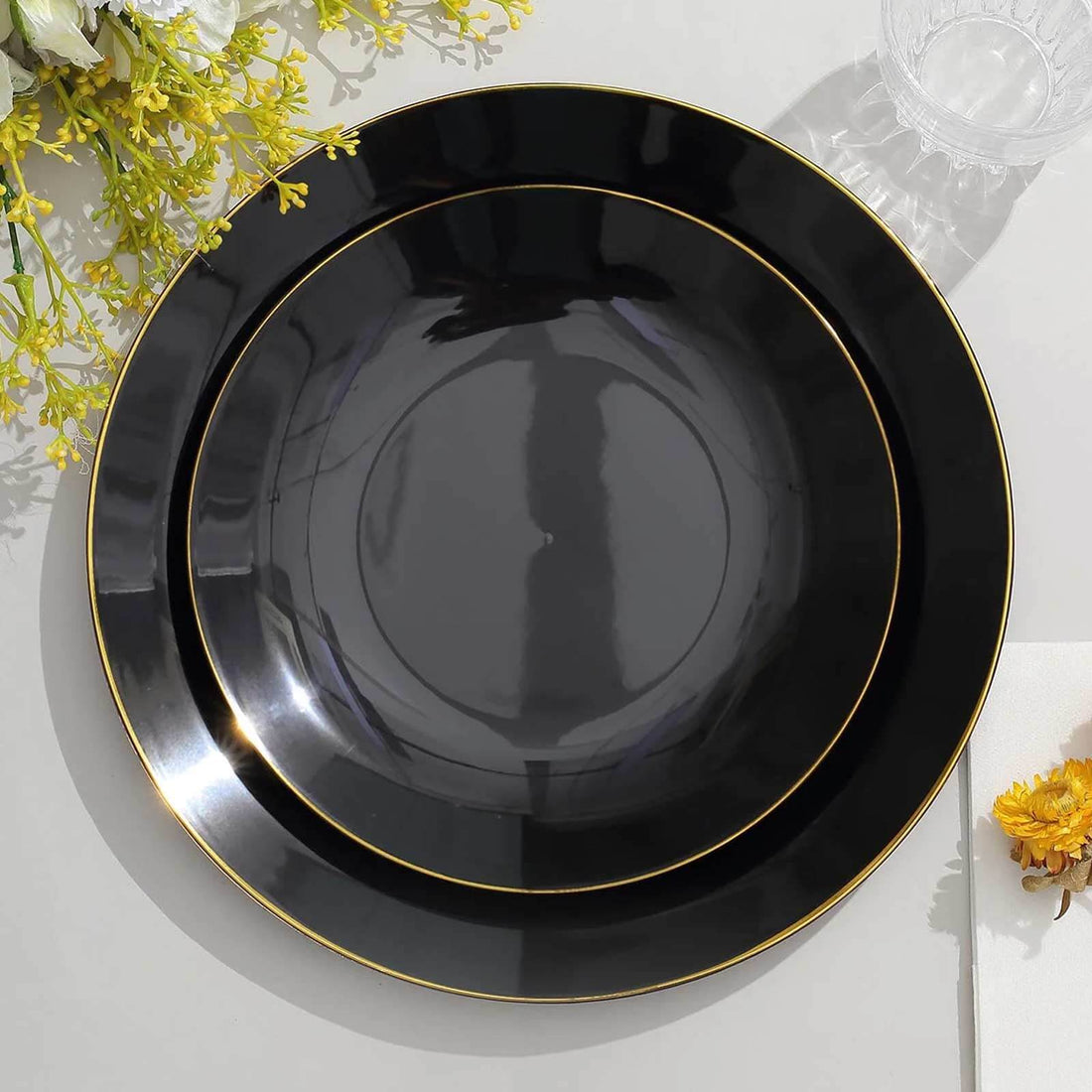 10-Pack Plastic Round Dessert Plates 8" Black with Gold Rim - Glossy Disposable Appetizer Salad Plates