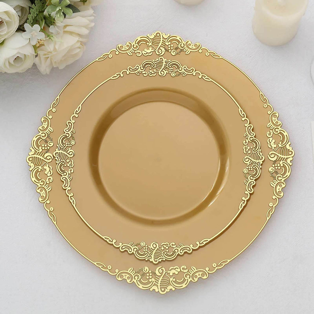 10 Pack | 8inch Round Plastic Dessert Salad Plates In Vintage Gold, Leaf Embossed Baroque
