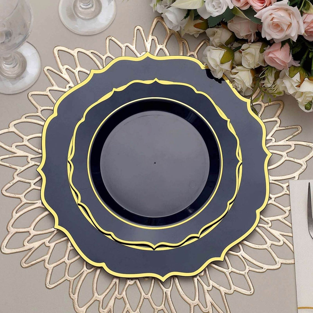 10-Pack Plastic Round Dessert Plates 8" Navy Blue with Gold Scalloped Rim - Disposable Appetizer/Salad Plates