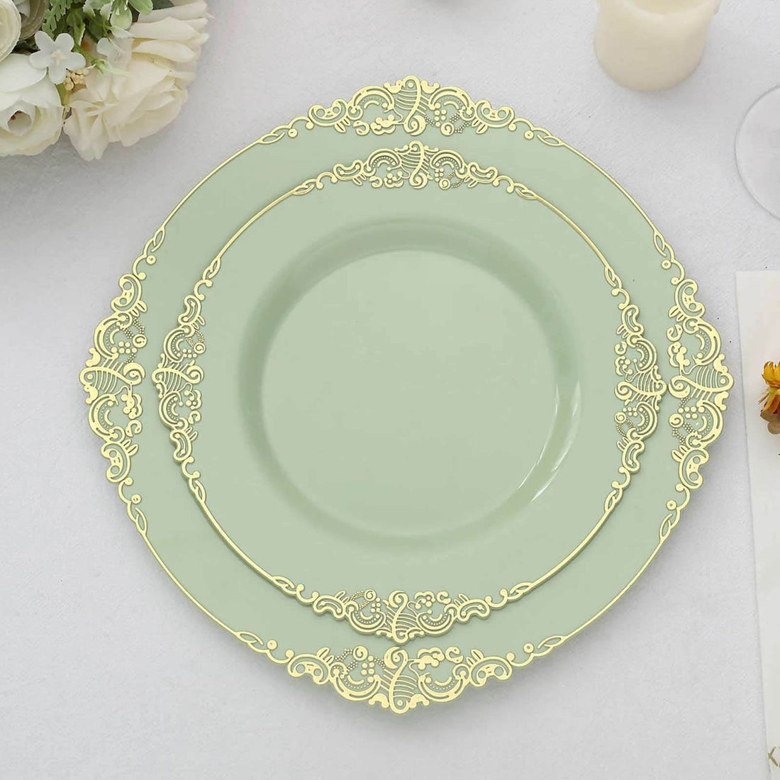 10 Pack | 8inch Round Plastic Dessert Salad Plates In Vintage Sage Green