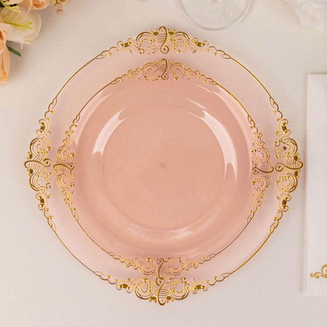 10-Pack Plastic Round Dessert Plates 8" Transparent Blush with Gold Leaf Embossed Rim - Vintage Baroque Style Disposable Salad Plates