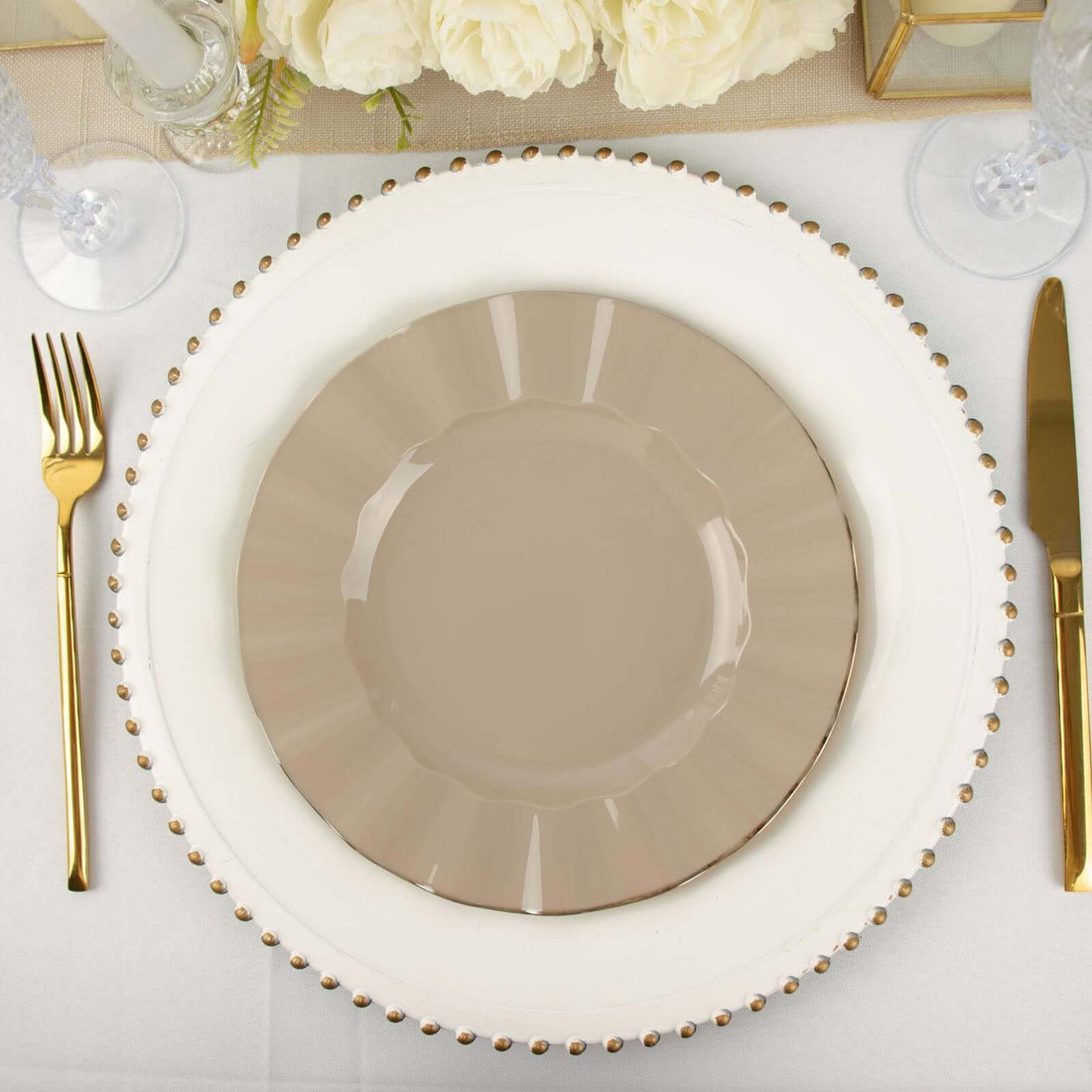 9 Inch Size Taupe Gold Ruffled Rim Hard Plastic Plates