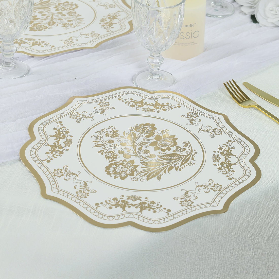 10 Pack White Gold Cardboard Paper Placemats with French Toile Pattern, Round Disposable