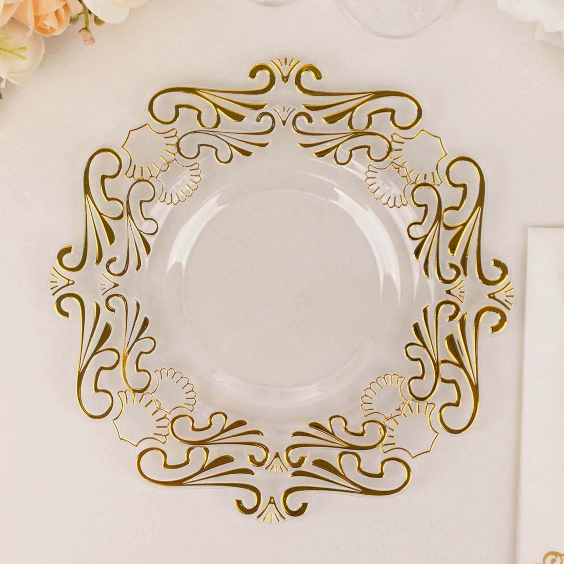 10 Pack Clear Gold Vintage Baroque Plastic Dessert Plates With Scalloped Rim, European Style