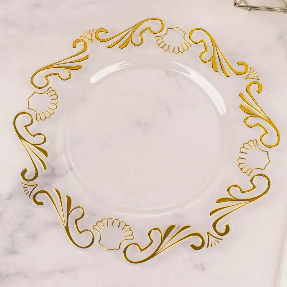 10 Pack Clear Gold Vintage Baroque Plastic Party Plates With Scalloped Rim, European Style