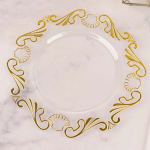 10-Pack Plastic Round Dinner Plates 10" Clear with Gold Vintage Baroque Scalloped Rim - European Style Disposable Party Plates