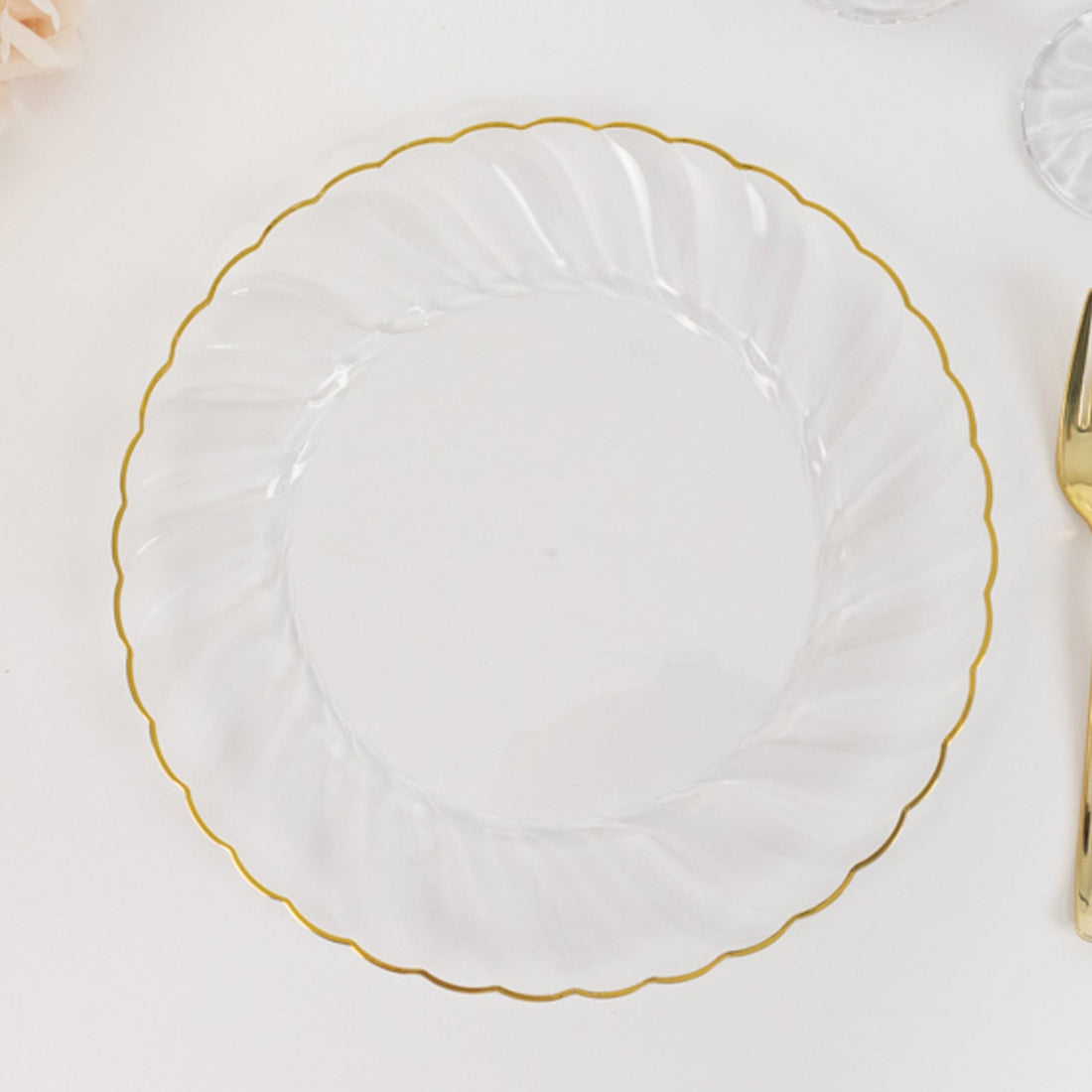 10 Pack Clear Gold Flair Rim Plastic Dinner Plates, Round Disposable Party Plates