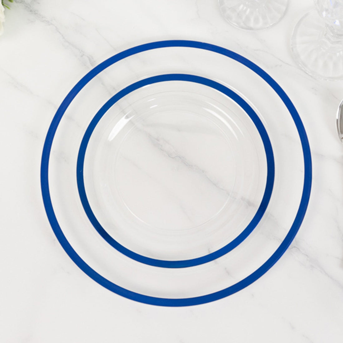 10 Pack Clear Regal Plastic Appetizer Dessert Plates With Blue Rim, Round Disposable Salad Plates