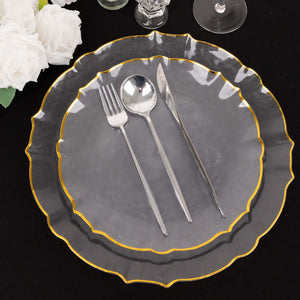 10-Pack Plastic Round Dinner Plates 10" Clear Sunflower with Gold Scalloped Rim - Disposable Party Plates for Sophisticated Events & Celebrations