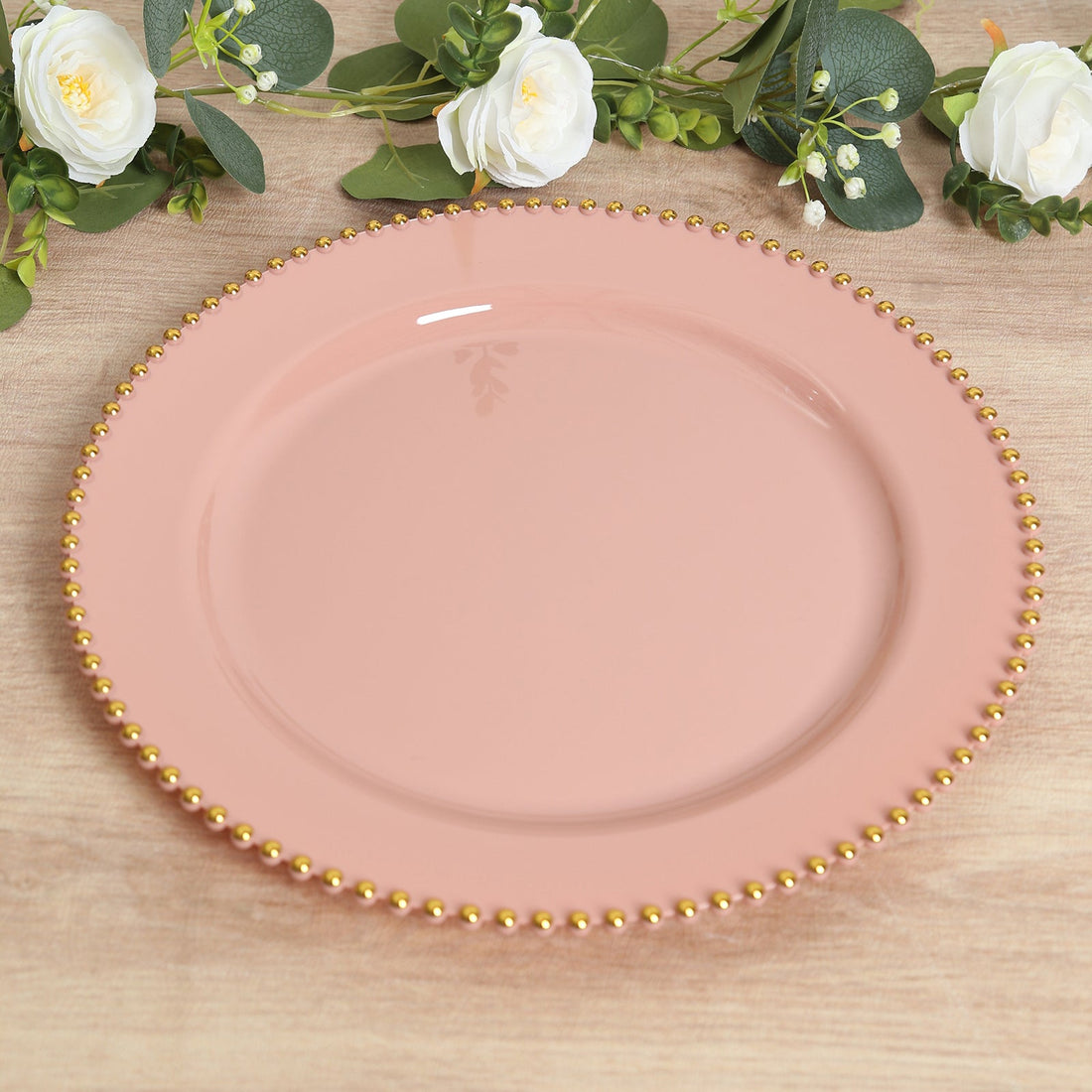 10-Pack Economy Plastic Charger Plates 13" Round Dusty Rose with Gold Beaded Rim - Stylish Dinner