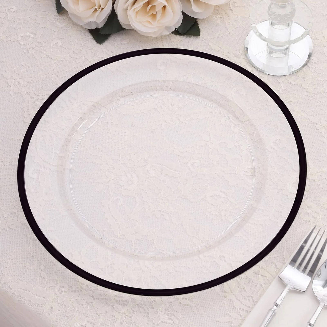 10 Pack Clear Economy Plastic Charger Plates With Black Rim, Round Dinner Chargers Event Tabletop