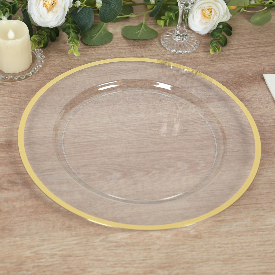 10 Pack Clear Economy Plastic Charger Plates With Gold Rim, Round Dinner Chargers Event Tabletop