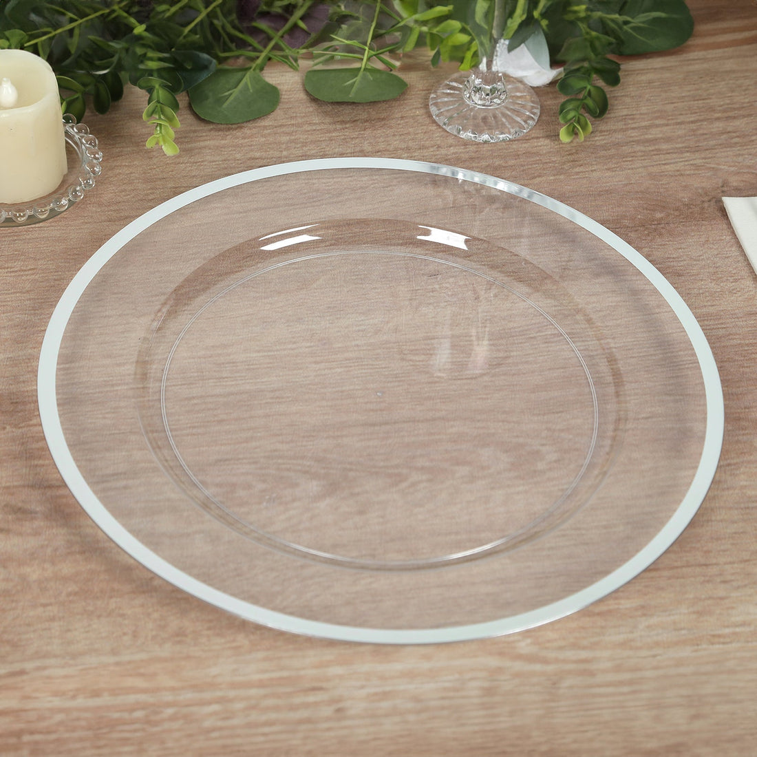 10 Pack Clear Economy Plastic Charger Plates With Silver Rim, Round Dinner Chargers Event