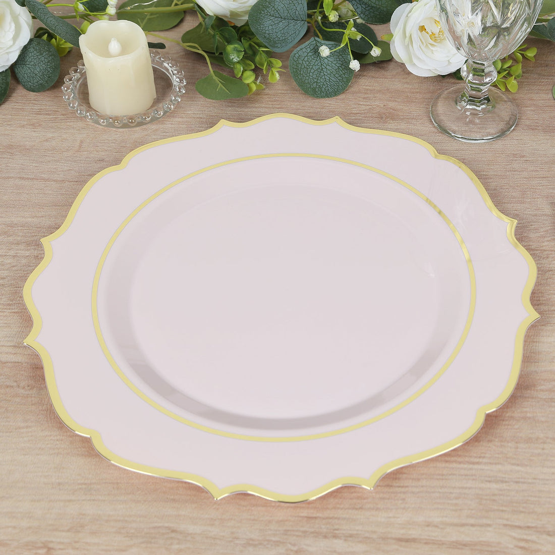10-Pack Economy Plastic Charger Plates 13" Round Blush with Gold Scalloped Rim - Decorative Dinner Party Serving Plates