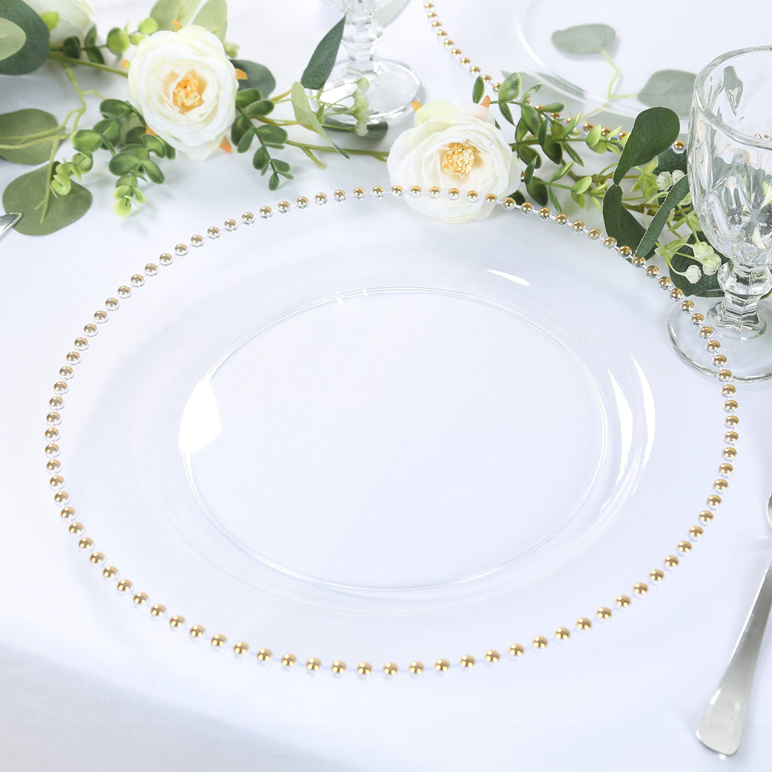 10 Pack Clear Gold Economy Plastic Charger Plates with Beaded Rim, Round Decorative Serving Plates