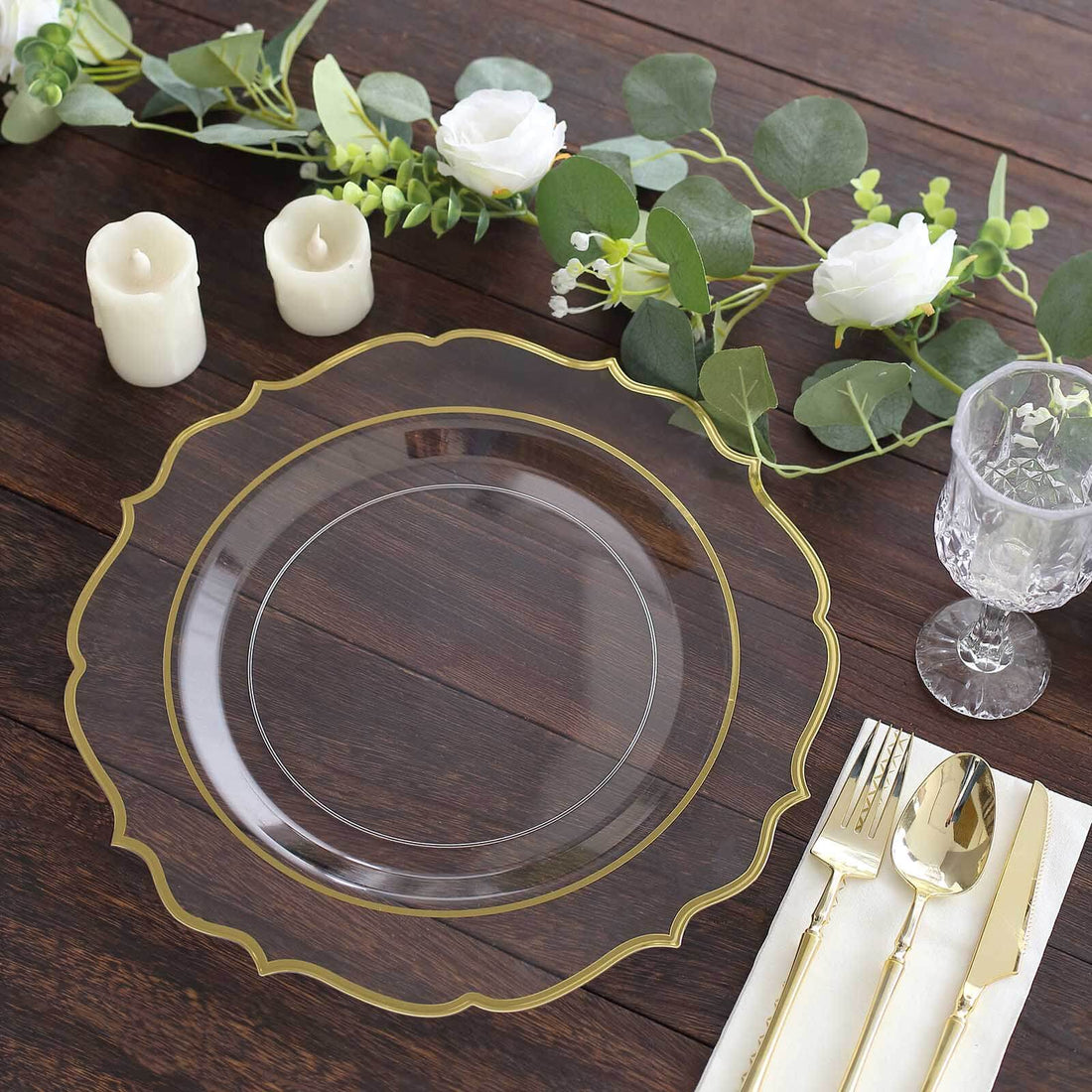 10 Pack Clear Economy Plastic Charger Plates With Gold Scalloped Rim, Round Decorative Dinner
