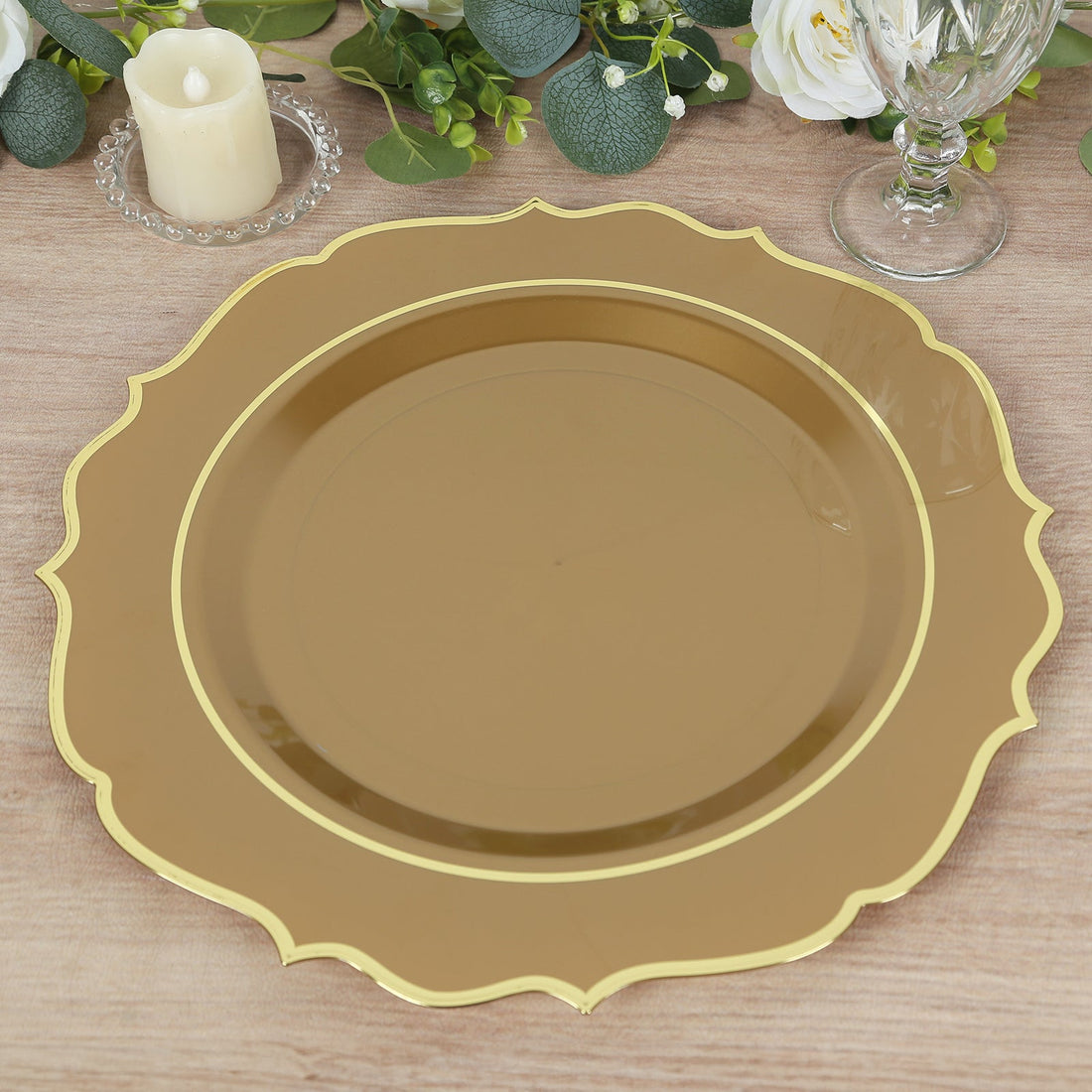 10-Pack Economy Plastic Charger Plates 13" Round Gold with Scalloped Rim - Decorative Dinner Party Serving Plates