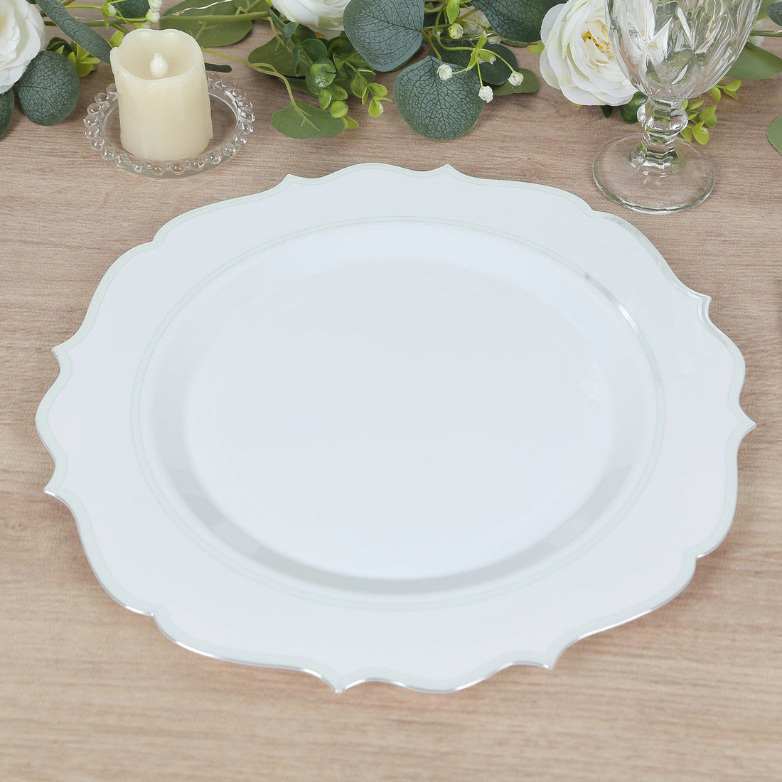 10-Pack Economy Plastic Charger Plates 13" Round White with Silver Scalloped Rim - Decorative Dinner Party Serving Plates