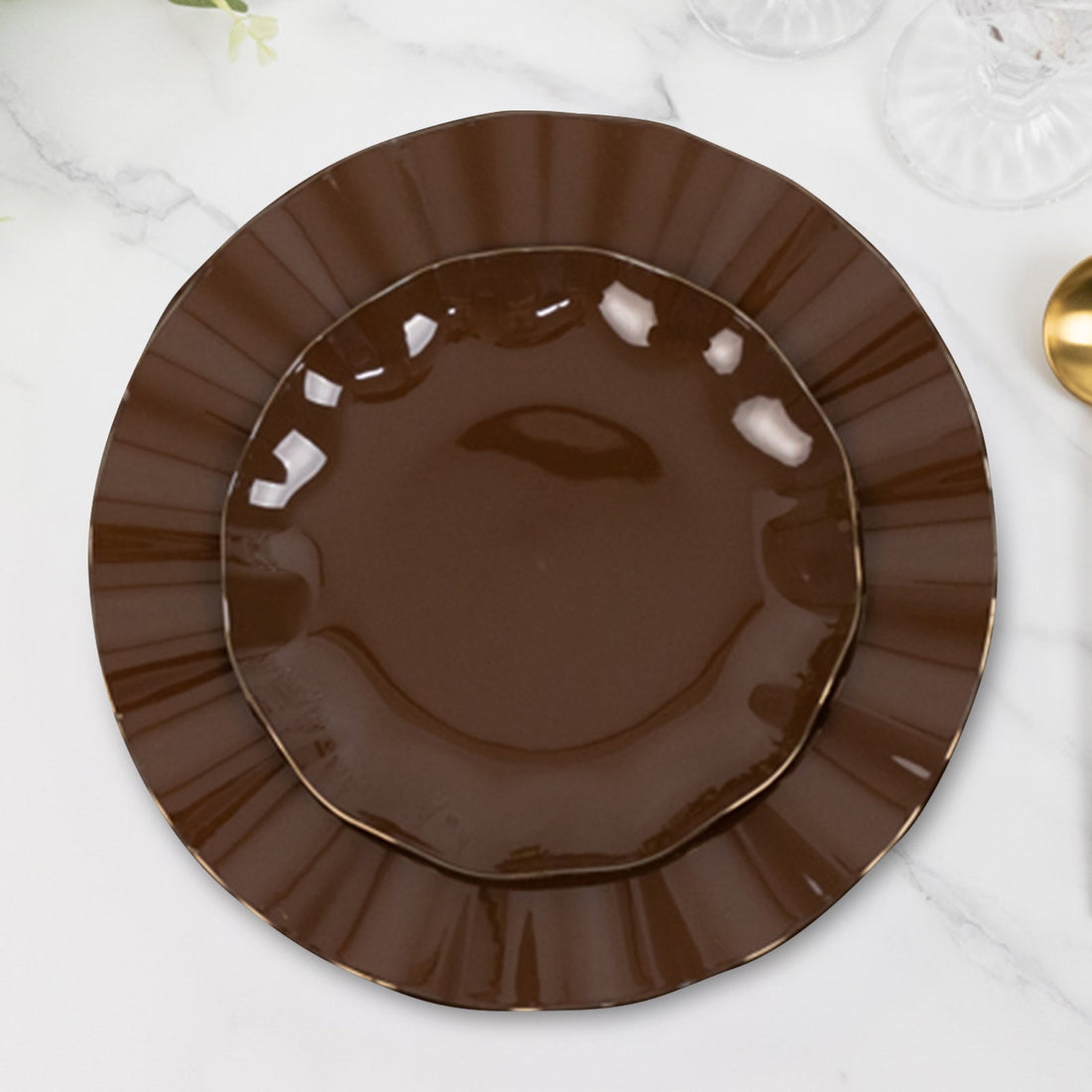 10 Pack Hard Plastic Dessert Plates with Gold Ruffled Rim, Heavy Duty Cinnamon Brown Disposable