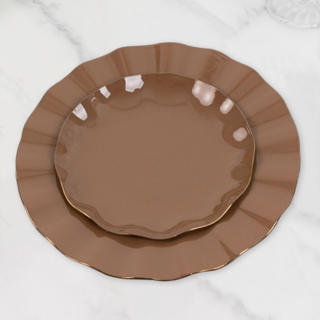 10 Pack Hard Plastic Dessert Plates with Gold Ruffled Rim, Heavy Duty Coffee Brown Disposable