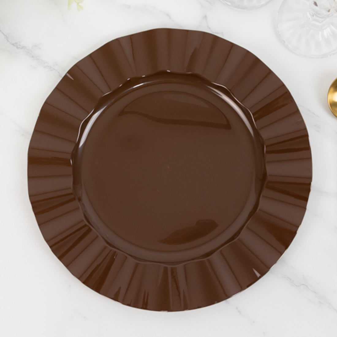 10 Pack Hard Plastic Large Dinner Plates with Gold Ruffled Rim, Heavy Duty Cinnamon Brown Disposable
