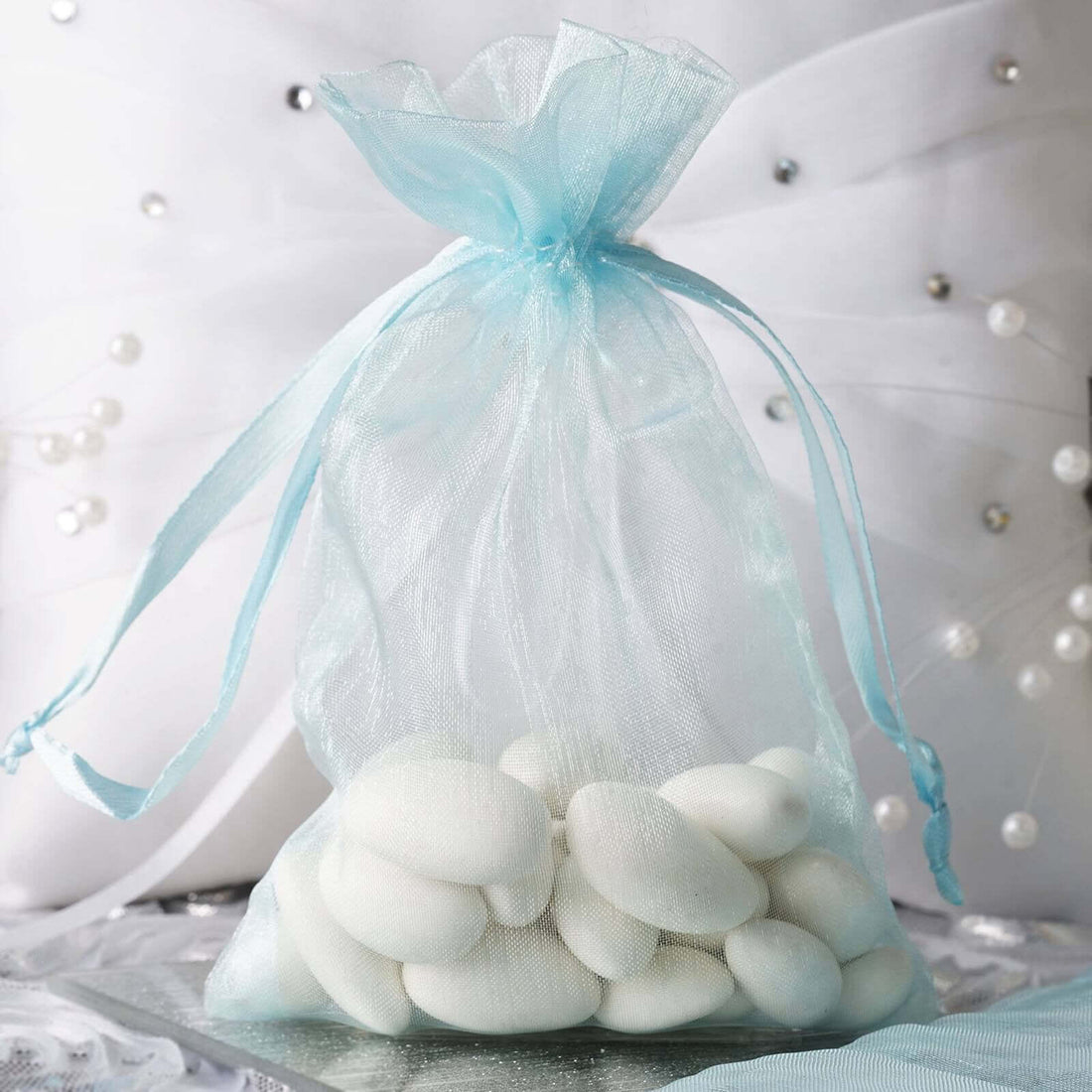 10 Pack | 4inches Baby Blue Organza Drawstring Wedding Party Favor Gift Bag