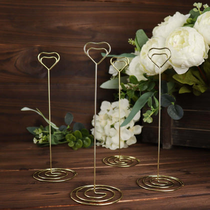 10-Pack Metal Card Holder Stands 8" Heart Design Gold - Table Number Stands and Wedding Place Card Menu Clips