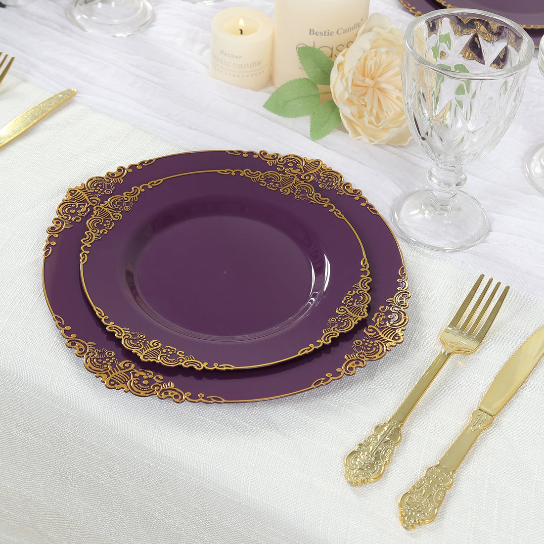 10-Pack Plastic Round Dessert Plates 8inch Purple with Gold Leaf Embossed Rim - Vintage Baroque