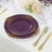 10-Pack Plastic Round Dessert Plates 8inch Purple with Gold Leaf Embossed Rim - Vintage Baroque