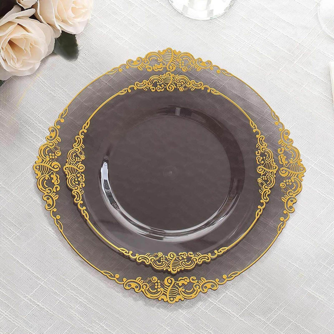 10 Pack Transparent Black Plastic Appetizer Dessert Plates Gold Leaf Embossed Baroque Rim